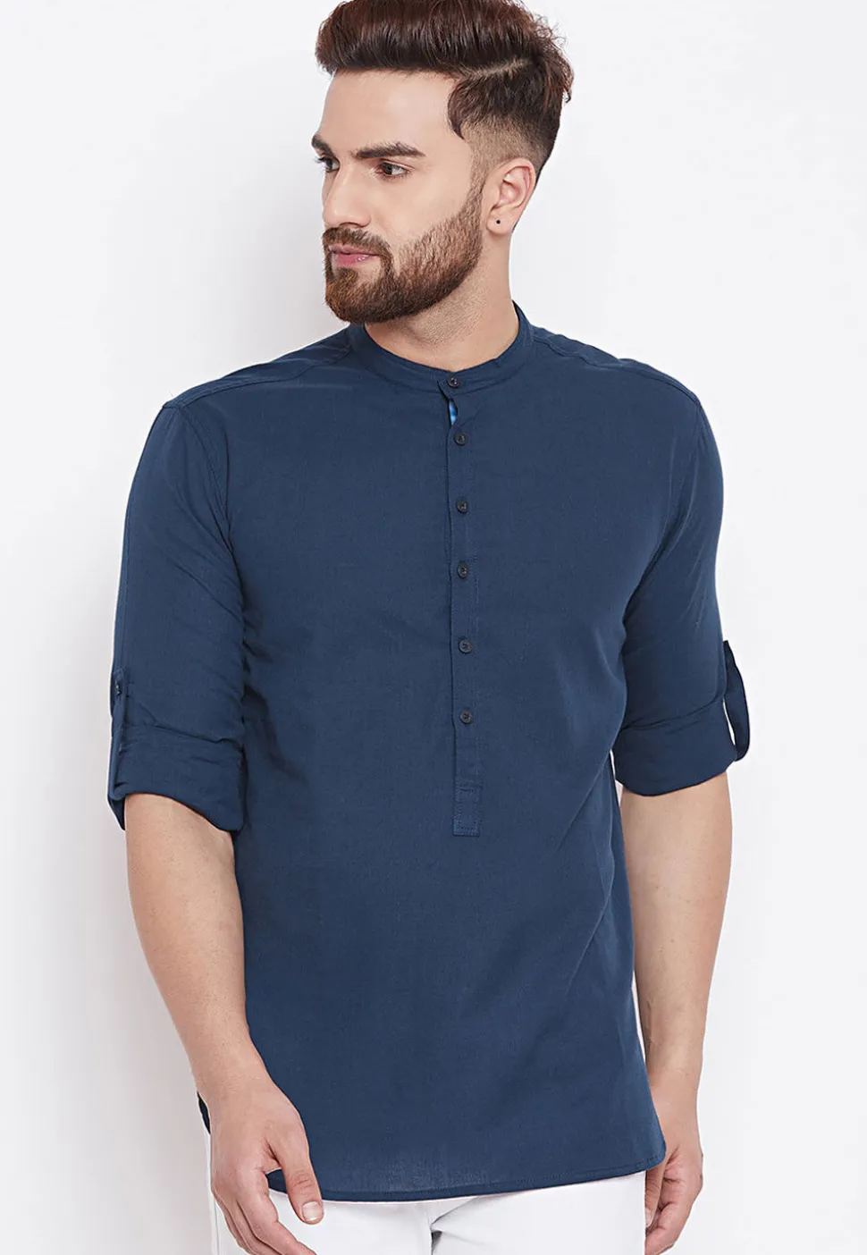 Solid Color Cotton Short Kurta in Navy Blue