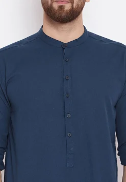 Solid Color Cotton Short Kurta in Navy Blue