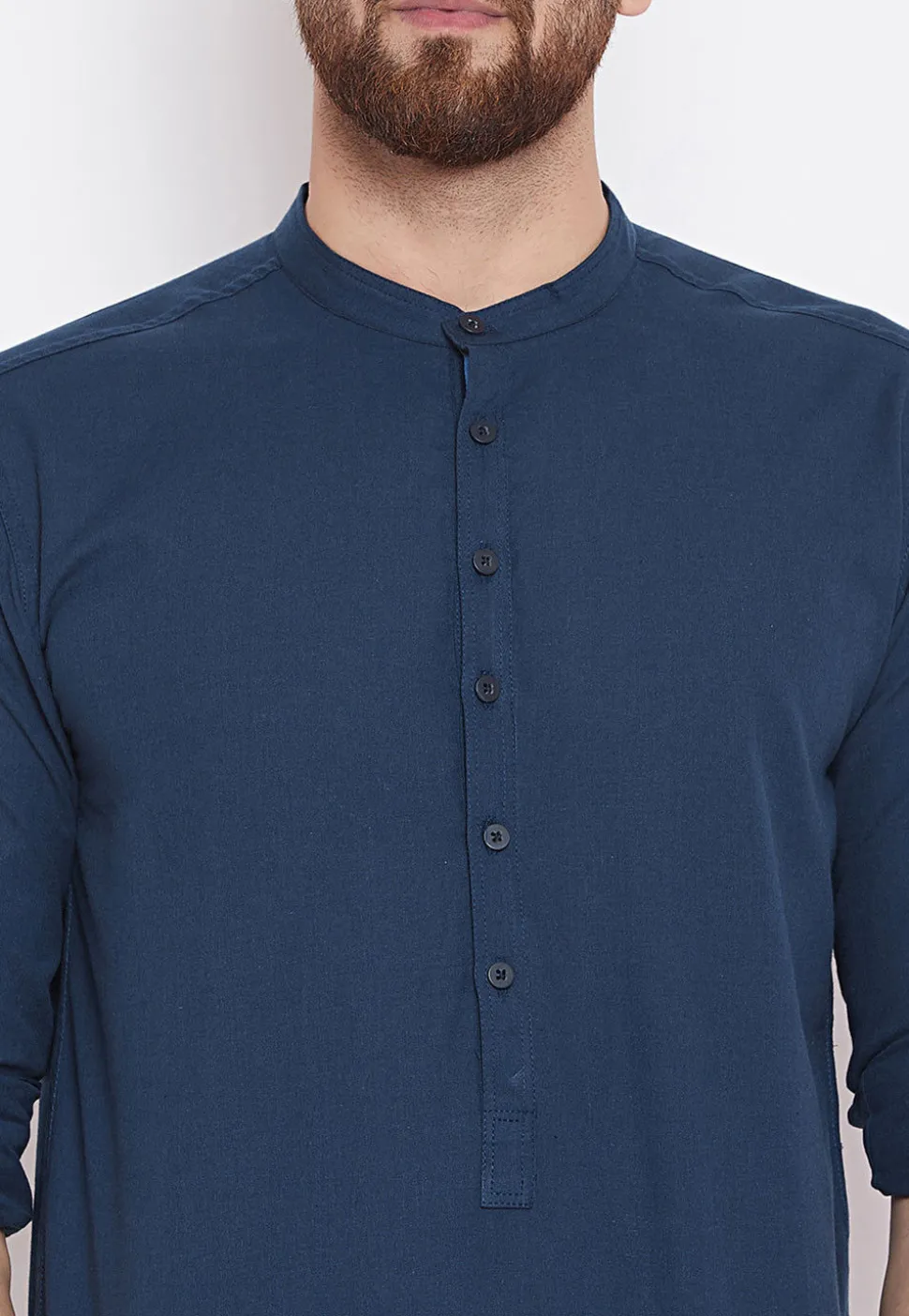 Solid Color Cotton Short Kurta in Navy Blue