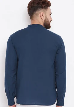 Solid Color Cotton Short Kurta in Navy Blue