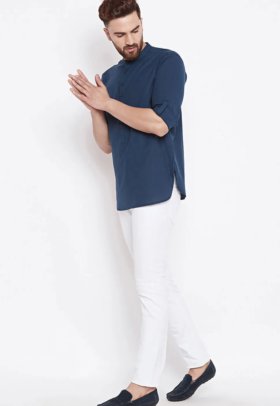 Solid Color Cotton Short Kurta in Navy Blue