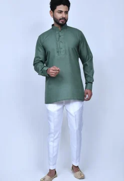 Solid Color Cotton Short Kurta Set in Dusty Green