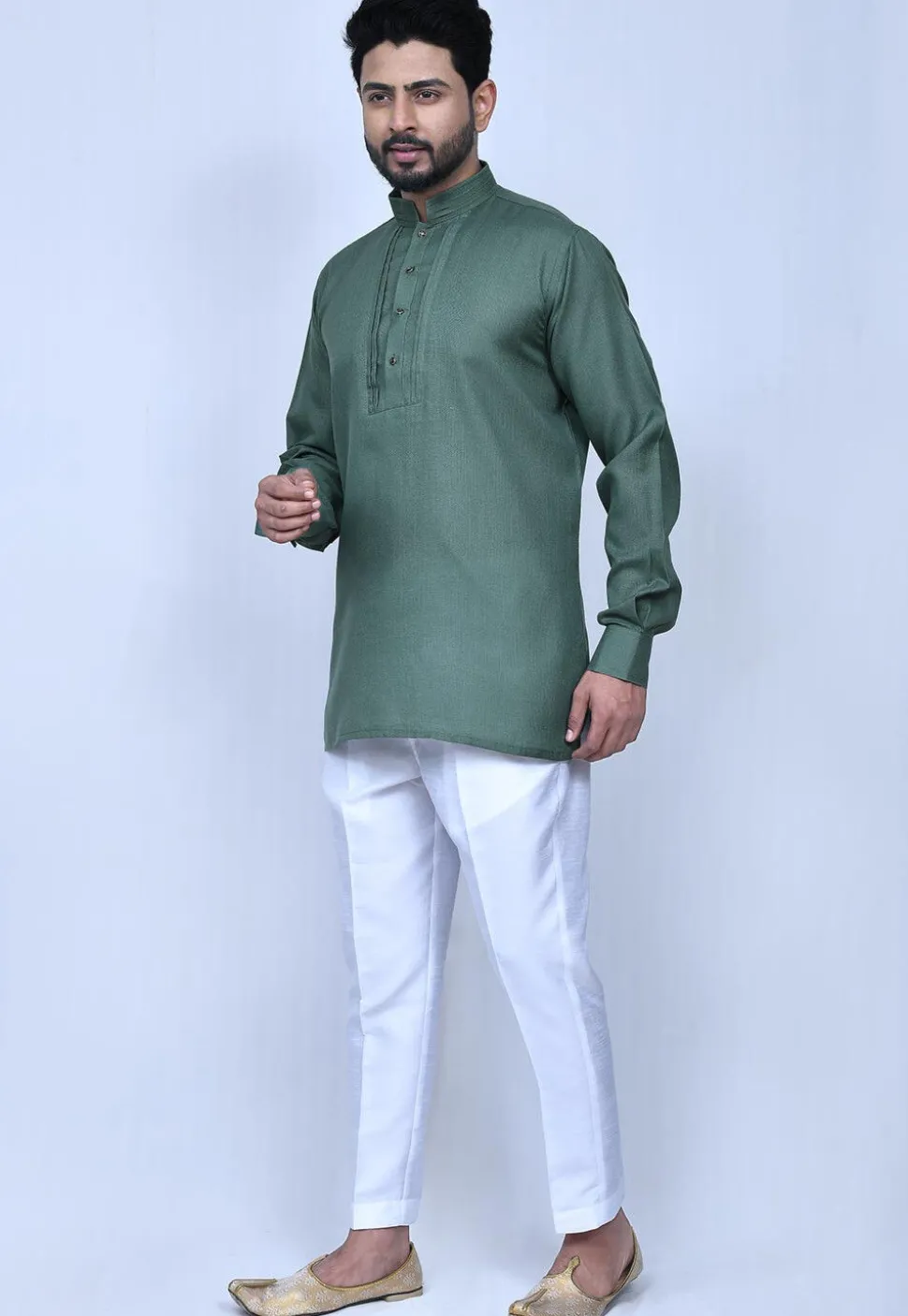 Solid Color Cotton Short Kurta Set in Dusty Green
