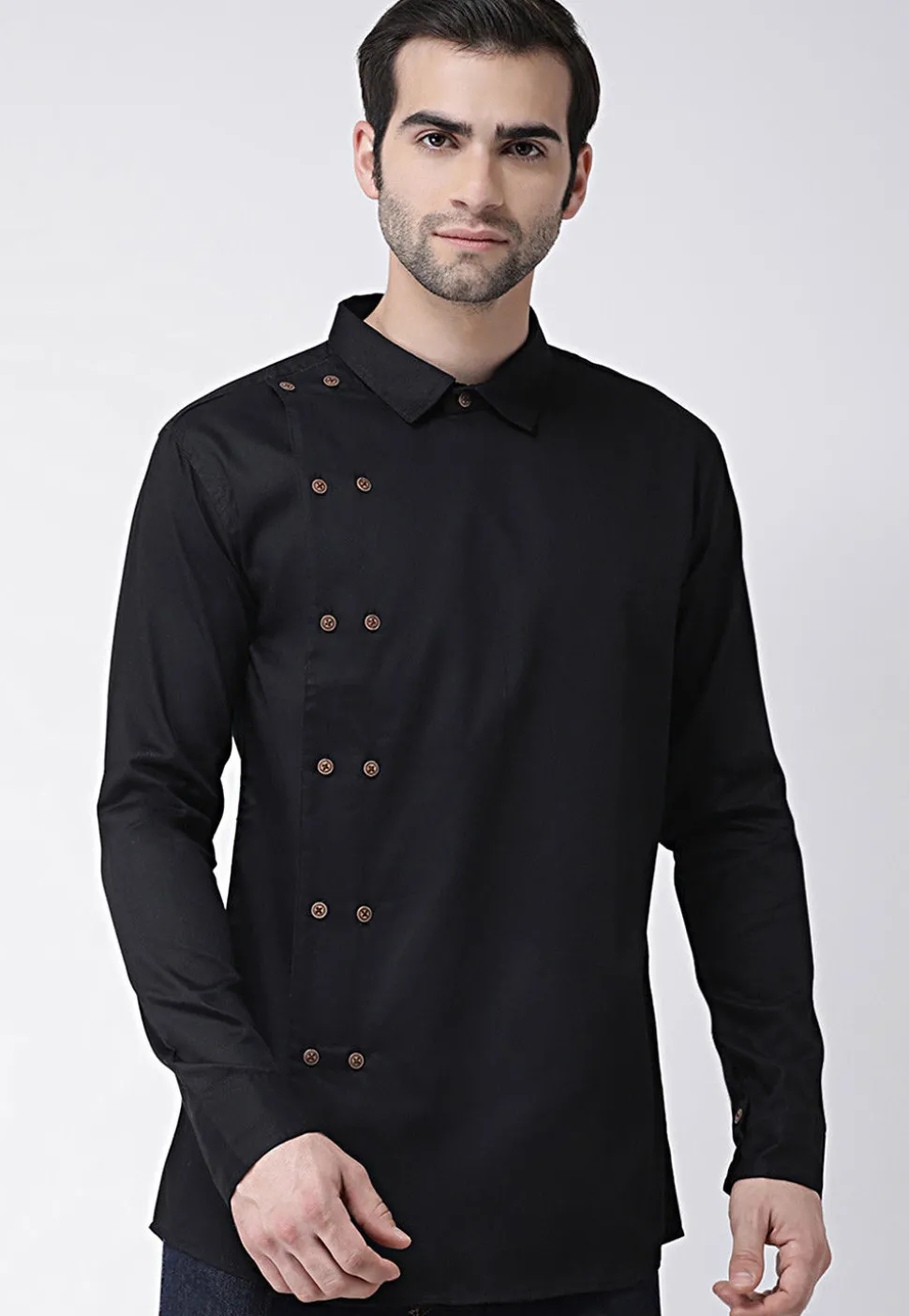 Solid Color Cotton Short Kurta in Black