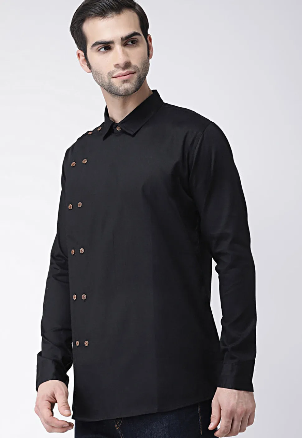 Solid Color Cotton Short Kurta in Black