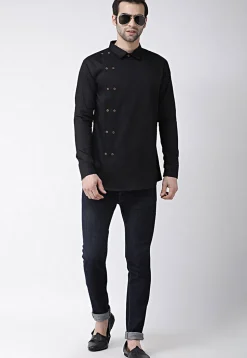 Solid Color Cotton Short Kurta in Black