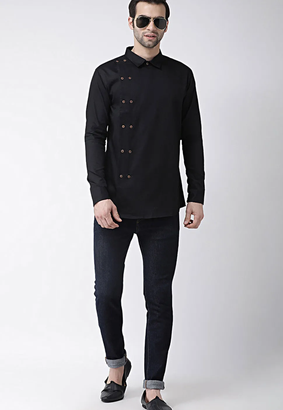 Solid Color Cotton Short Kurta in Black