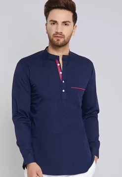Solid Color Cotton Short Kurta in Navy Blue