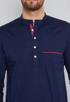 Solid Color Cotton Short Kurta in Navy Blue