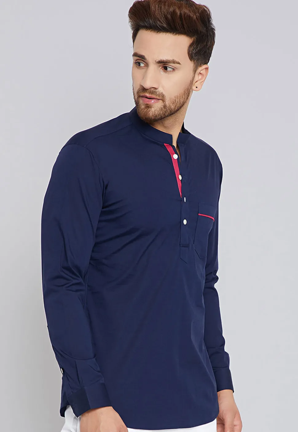 Solid Color Cotton Short Kurta in Navy Blue