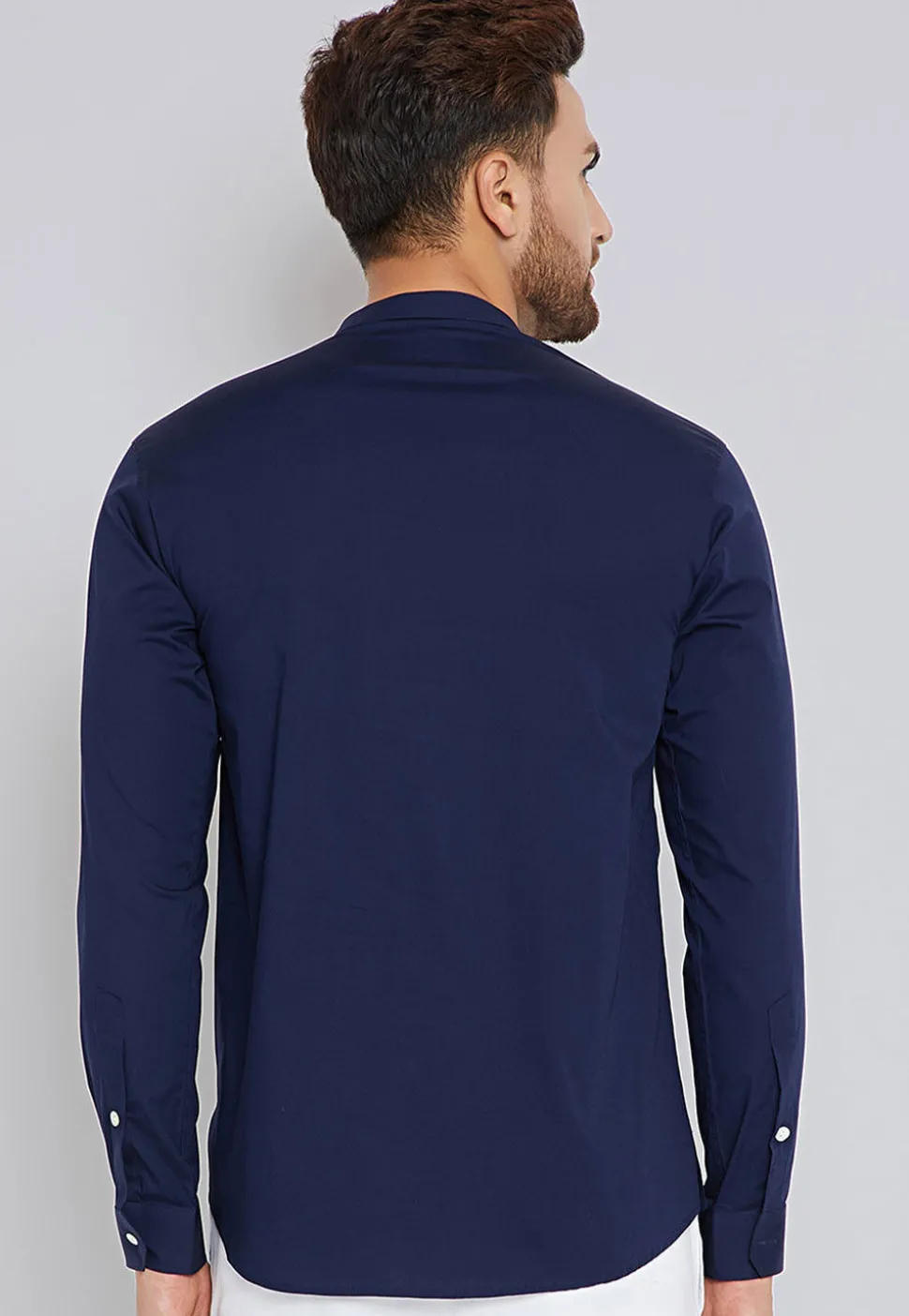 Solid Color Cotton Short Kurta in Navy Blue
