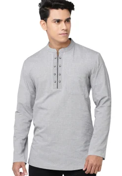Solid Color Cotton Short Kurta in Grey