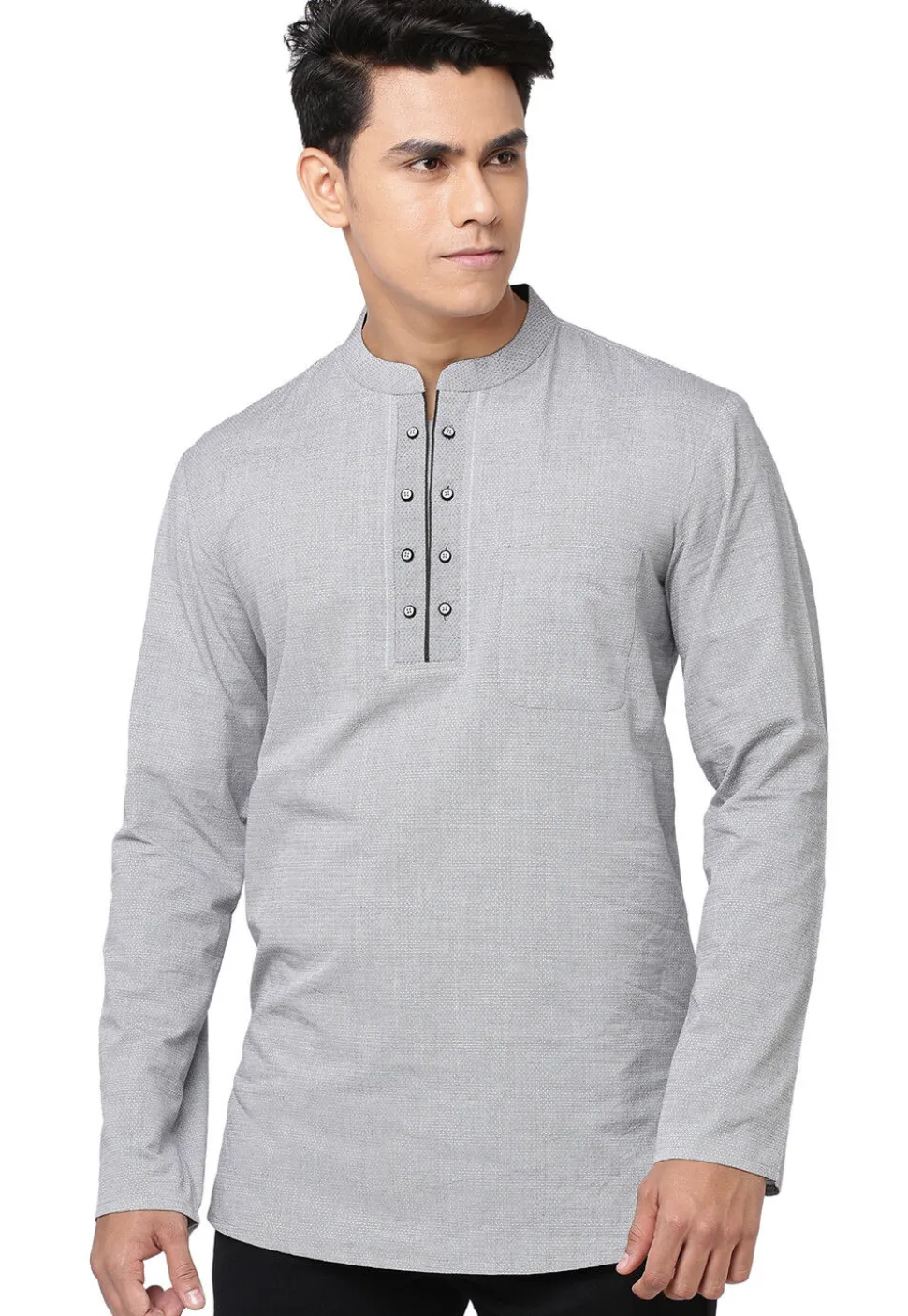 Solid Color Cotton Short Kurta in Grey