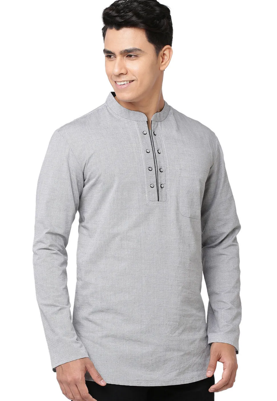 Solid Color Cotton Short Kurta in Grey