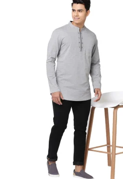 Solid Color Cotton Short Kurta in Grey