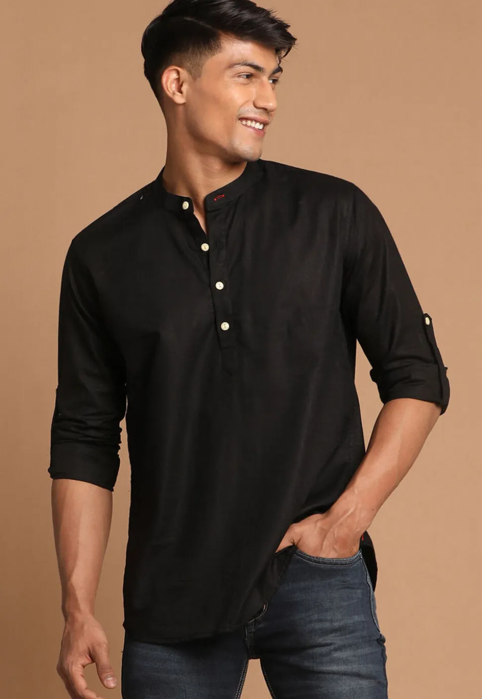 Solid Color Cotton Short Kurta in Black