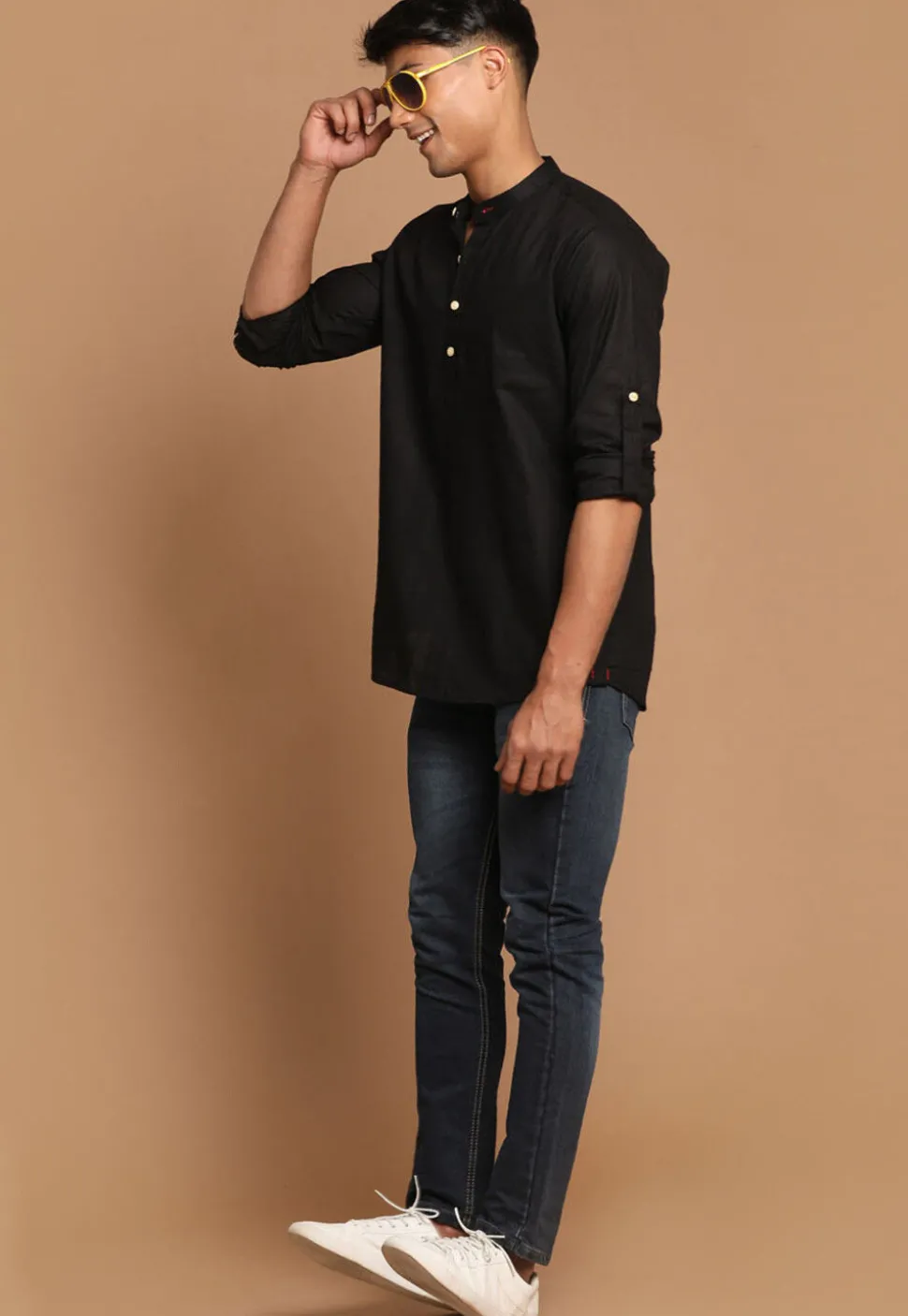 Solid Color Cotton Short Kurta in Black