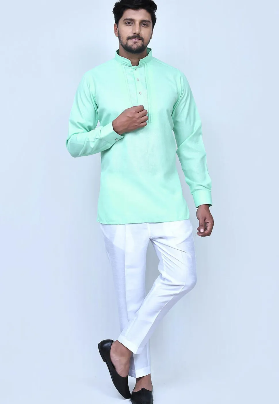Solid Color Cotton Short Kurta Set in Sea Green
