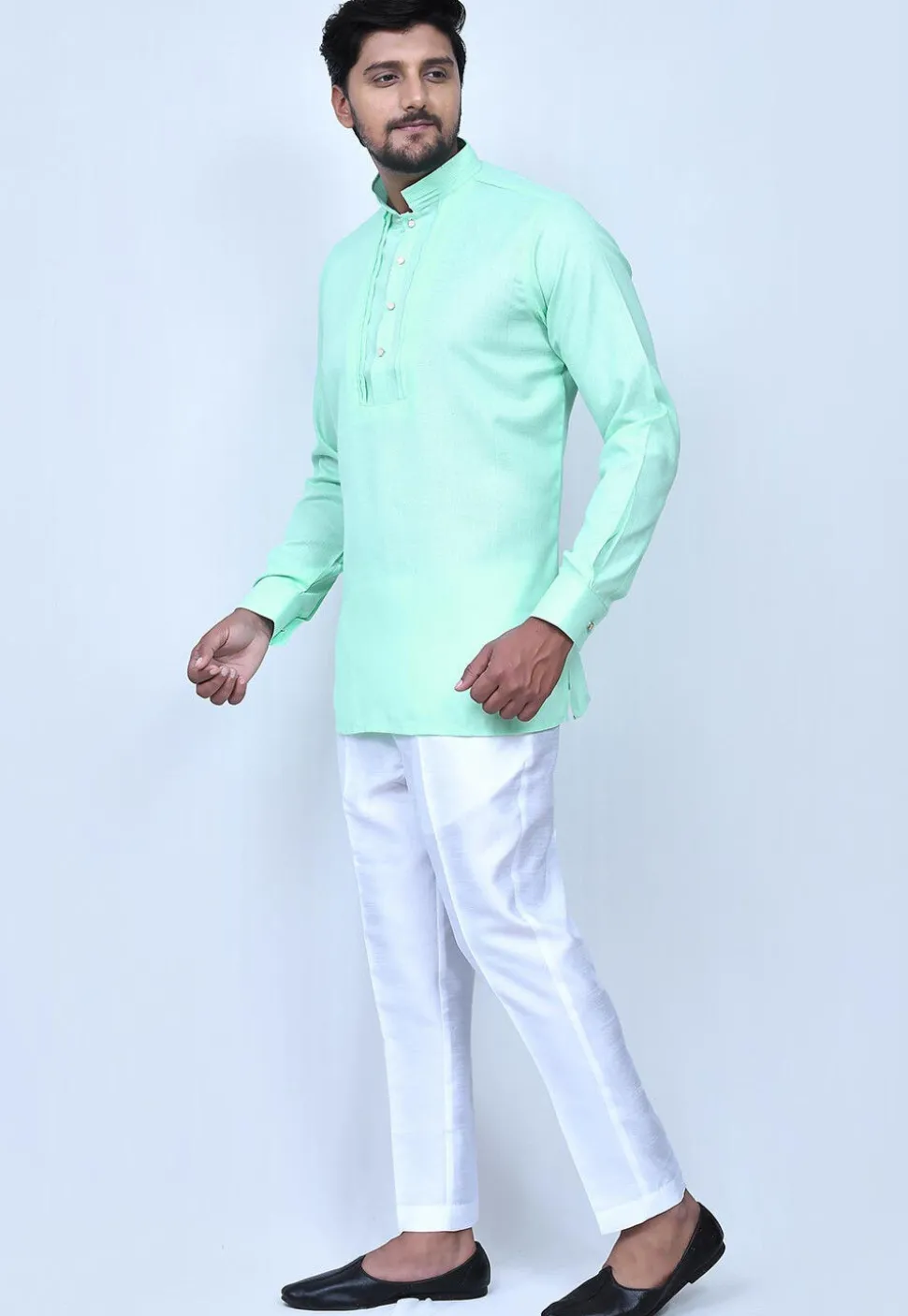 Solid Color Cotton Short Kurta Set in Sea Green