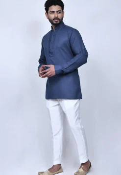 Solid Color Cotton Short Kurta Set in Dark Blue