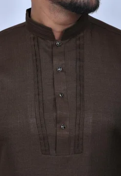 Solid Color Cotton Short Kurta Set in Brown