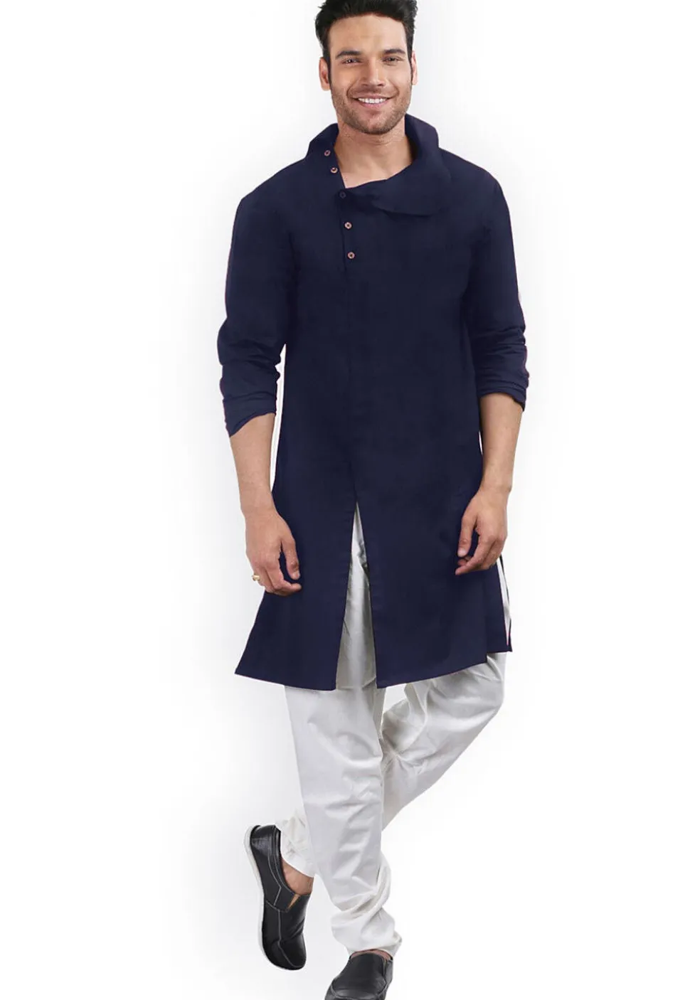 Solid Color Cotton Side Slit Kurta Set in Navy Blue