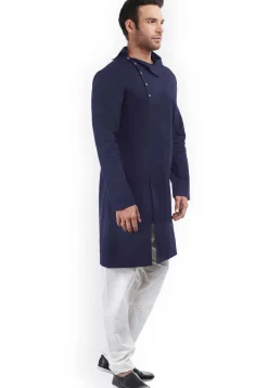 Solid Color Cotton Side Slit Kurta Set in Navy Blue