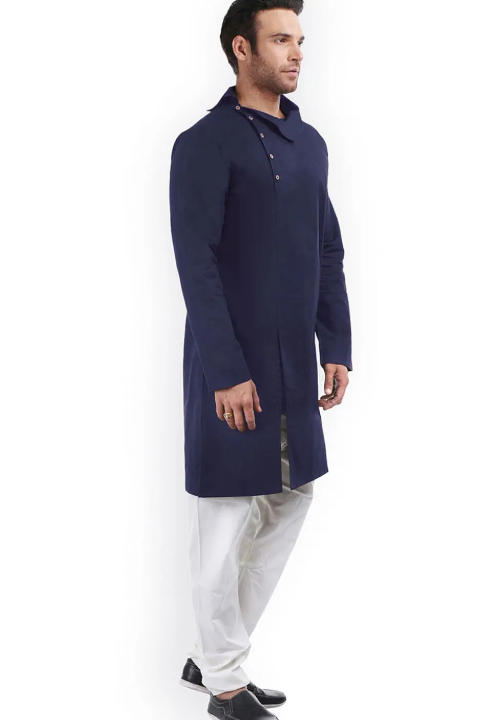 Solid Color Cotton Side Slit Kurta Set in Navy Blue