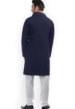 Solid Color Cotton Side Slit Kurta Set in Navy Blue