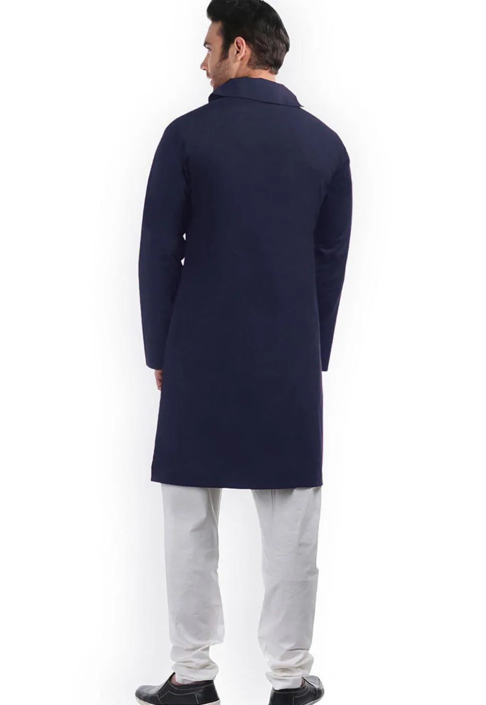 Solid Color Cotton Side Slit Kurta Set in Navy Blue