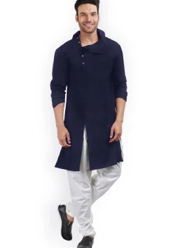 Solid Color Cotton Side Slit Kurta in Navy Blue