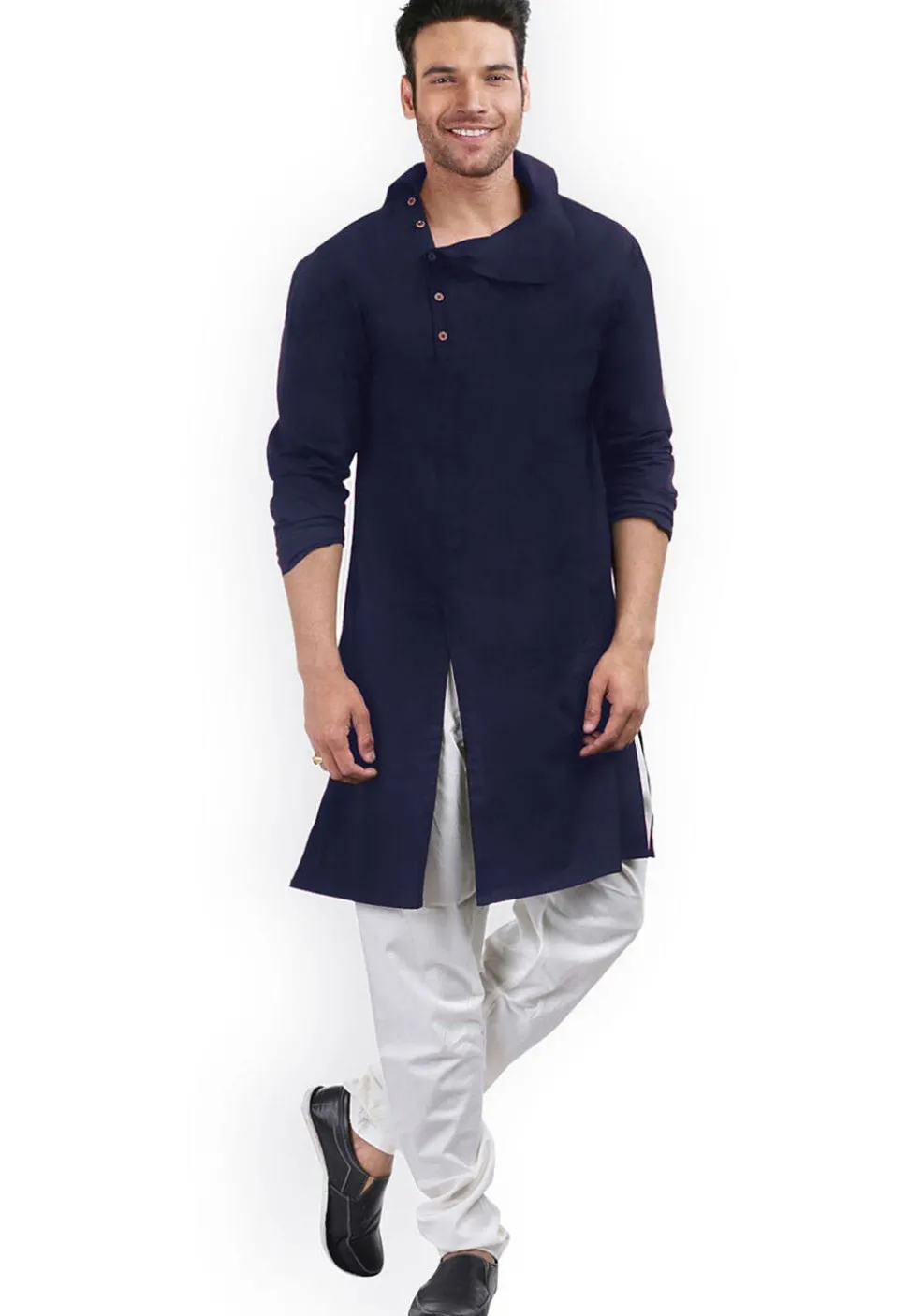 Solid Color Cotton Side Slit Kurta in Navy Blue