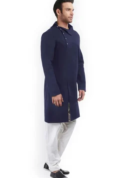Solid Color Cotton Side Slit Kurta in Navy Blue