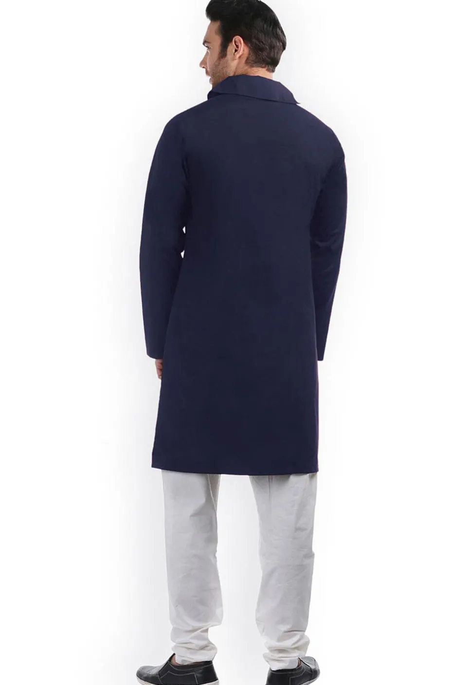 Solid Color Cotton Side Slit Kurta in Navy Blue