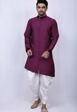 Solid Color Cotton Silk Asymmetric Dhoti Kurta in Magenta