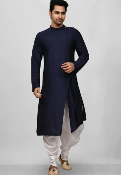 Solid Color Cotton Silk Asymmetric Dhoti Kurta in Navy Blue