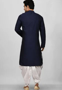 Solid Color Cotton Silk Asymmetric Dhoti Kurta in Navy Blue