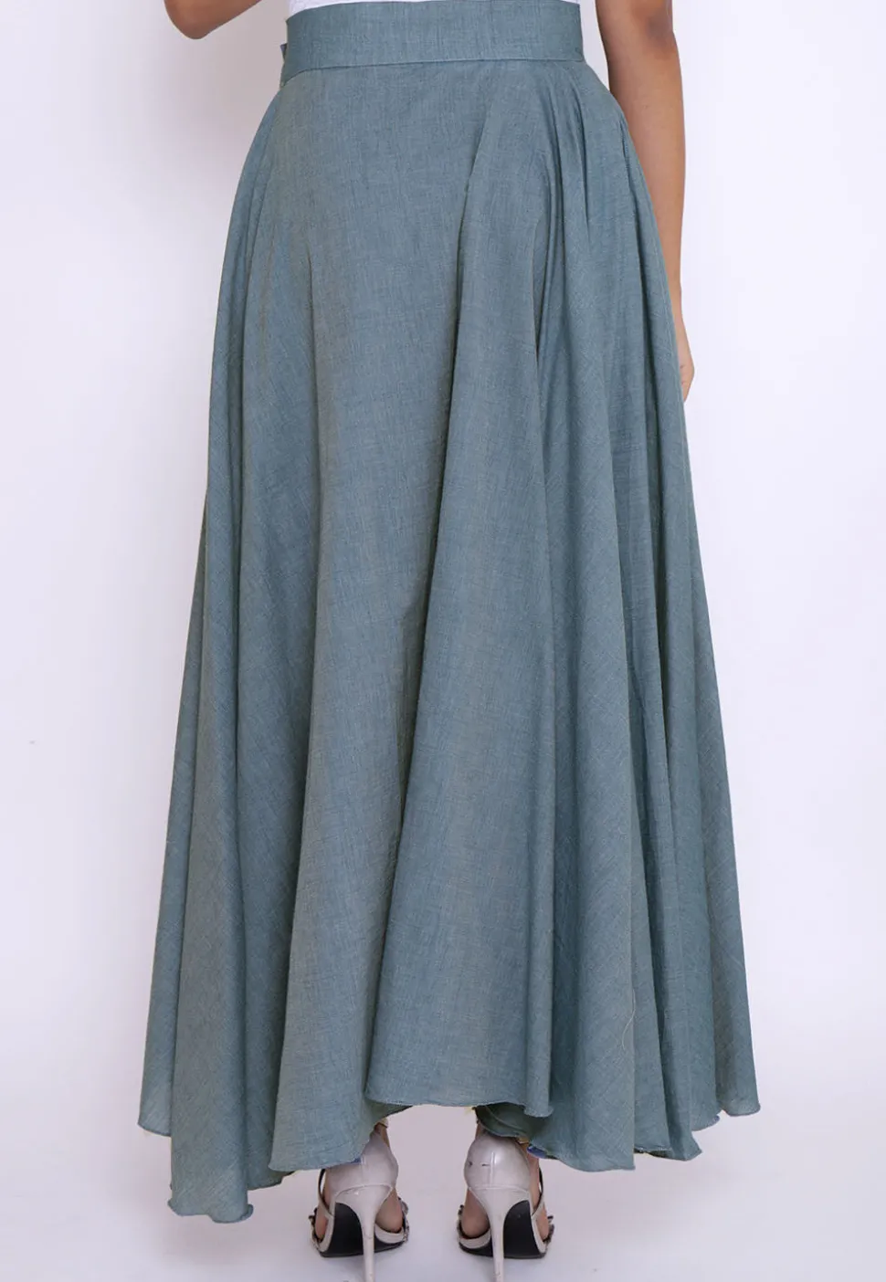 Solid Color Cotton Silk Asymmetric Skirt in Light Blue