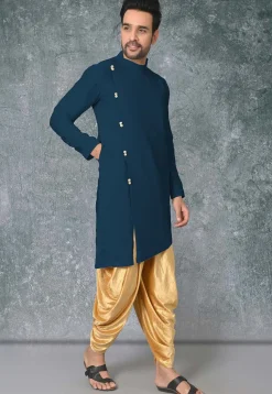 Solid Color Cotton Silk Asymmetric Kurta in Teal Blue