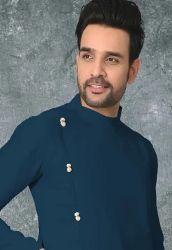 Solid Color Cotton Silk Asymmetric Kurta in Teal Blue