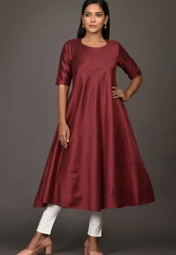 Solid Color Cotton Silk A Line Kurta in Maroon