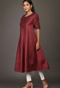 Solid Color Cotton Silk A Line Kurta in Maroon