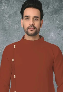 Solid Color Cotton Silk Asymmetric Dhoti Kurta in Rust