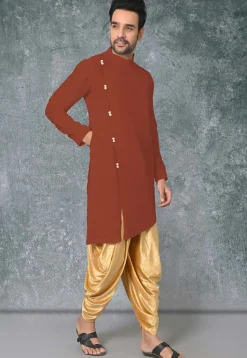 Solid Color Cotton Silk Asymmetric Dhoti Kurta in Rust