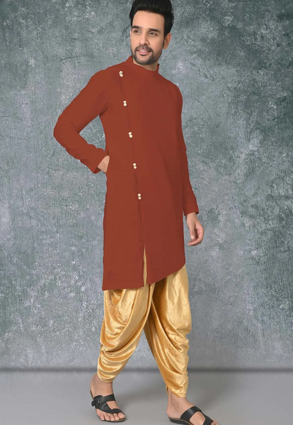 Solid Color Cotton Silk Asymmetric Dhoti Kurta in Rust