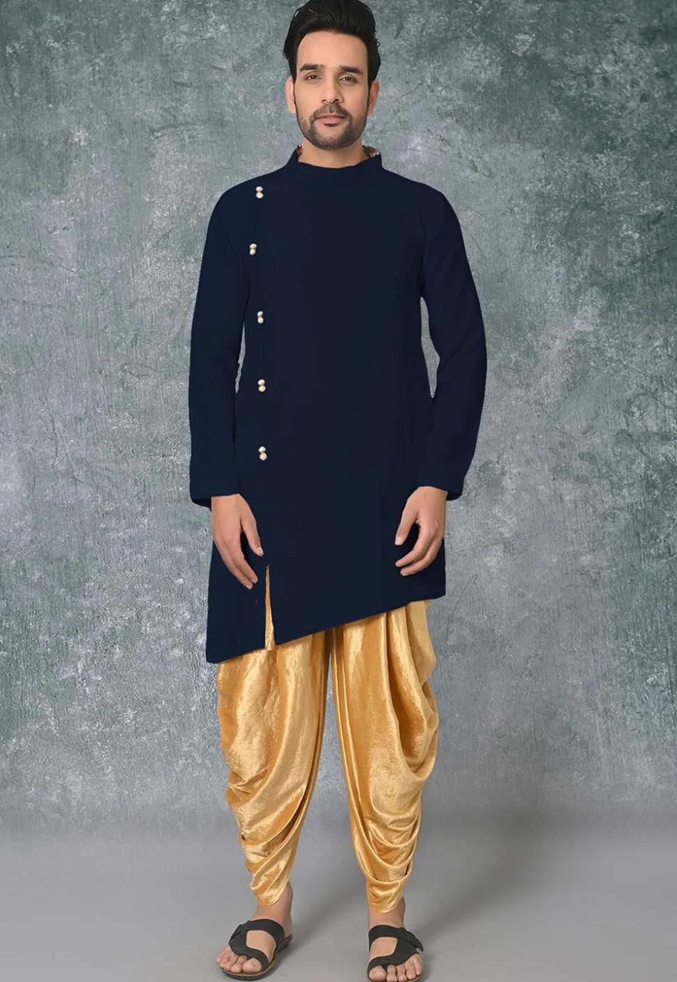 Solid Color Cotton Silk Asymmetric Kurta in Navy Blue