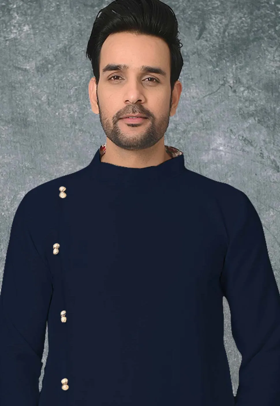 Solid Color Cotton Silk Asymmetric Kurta in Navy Blue