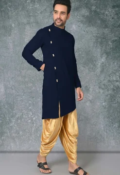 Solid Color Cotton Silk Asymmetric Kurta in Navy Blue