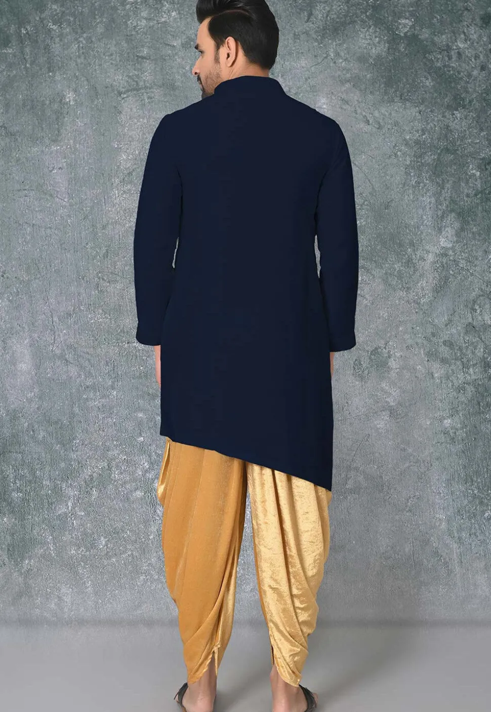 Solid Color Cotton Silk Asymmetric Kurta in Navy Blue