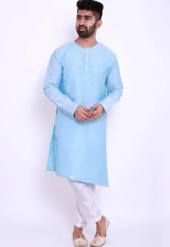 Solid Color Cotton Silk Asymmetric Kurta in Sky Blue